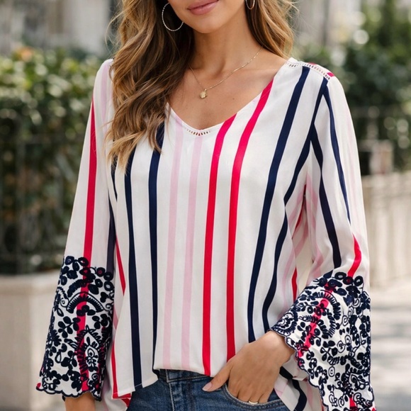 Fever Tops - Fever V-Neck Embroidered Bell Sleeve Blouse in White, Pink & Navy Size Medium